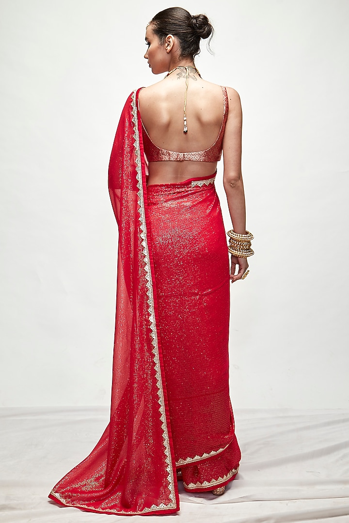 Carmine Red Silk Georgette Metallic Wedding Saree Set by Ranian at Pernia's Pop Up Shop