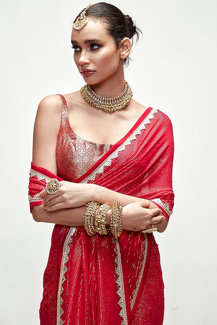 Carmine Red Silk Georgette Metallic Wedding Saree Set by Ranian at Pernia's Pop Up Shop