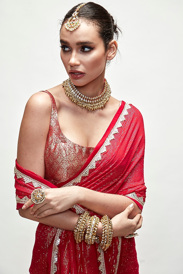 Carmine Red Silk Georgette Metallic Wedding Saree Set by Ranian at Pernia's Pop Up Shop