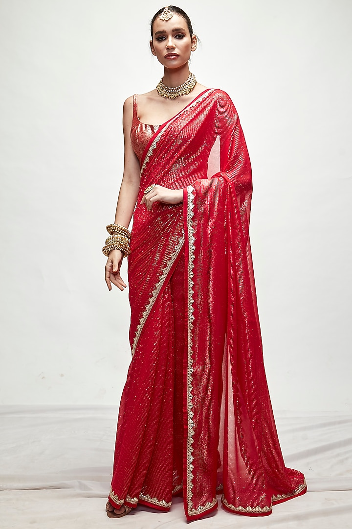 Carmine Red Silk Georgette Metallic Wedding Saree Set by Ranian at Pernia's Pop Up Shop