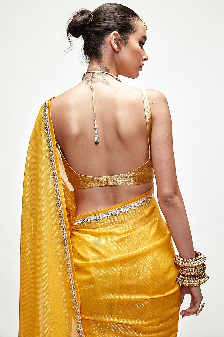 Dandelion Yellow Silk Georgette Metallic Wedding Saree Set by Ranian at Pernia's Pop Up Shop