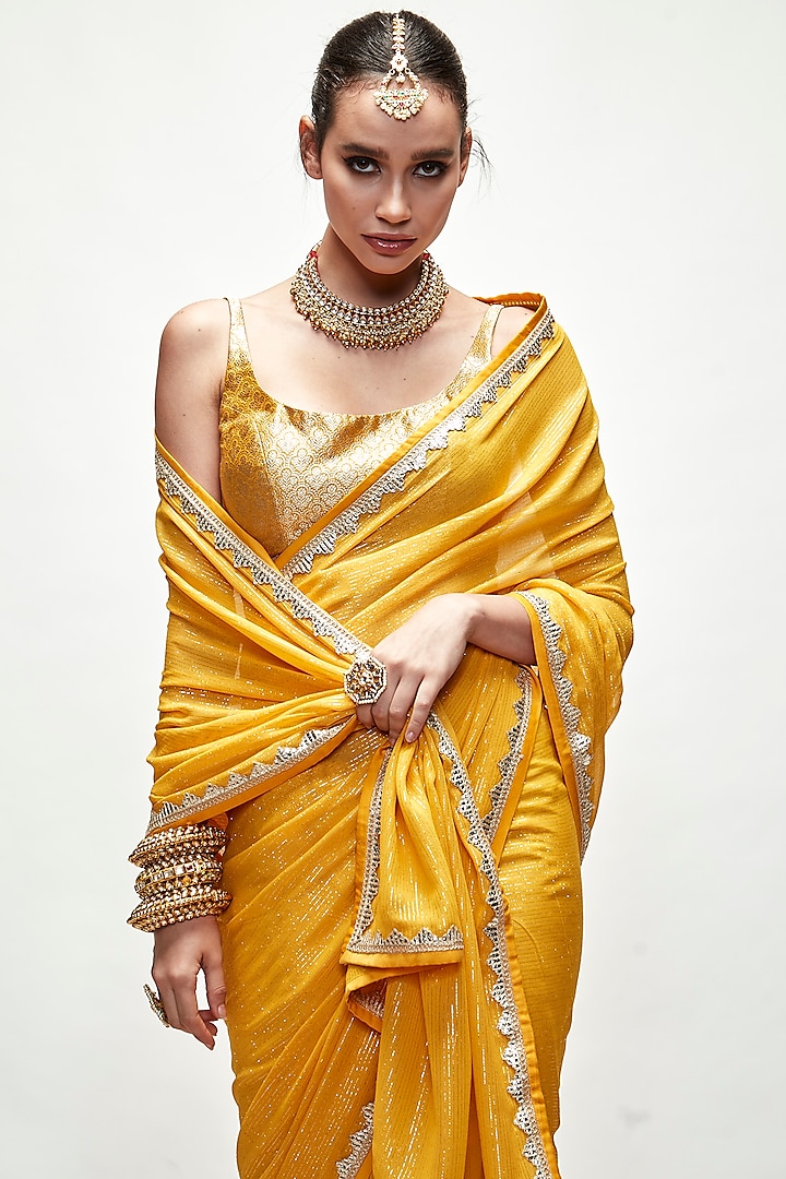 Sunflower Yellow Satin Silk Saree Set Design by Peeli Dori at Pernia's Pop  Up Shop 2024