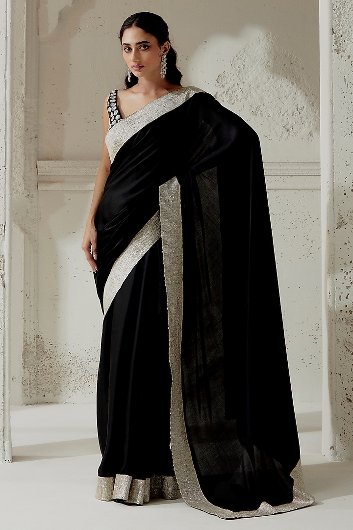 Black Silk Satin Woven Saree Set by Ranian at Pernia's Pop Up Shop