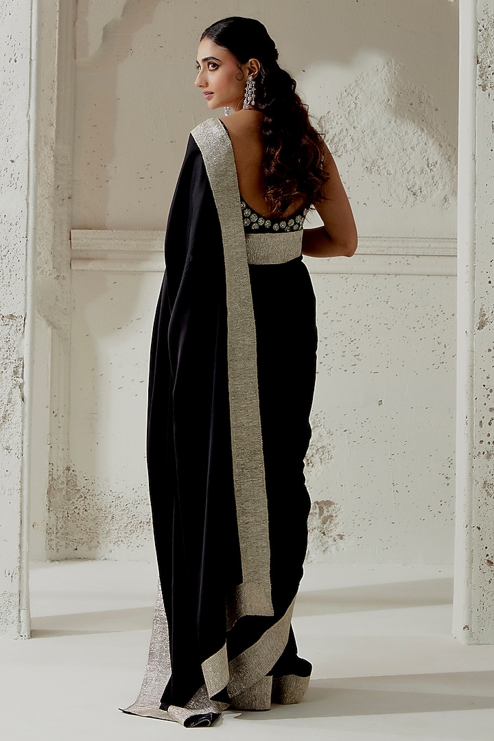 Black Silk Satin Woven Wedding Saree Set by Ranian at Pernia's Pop Up Shop
