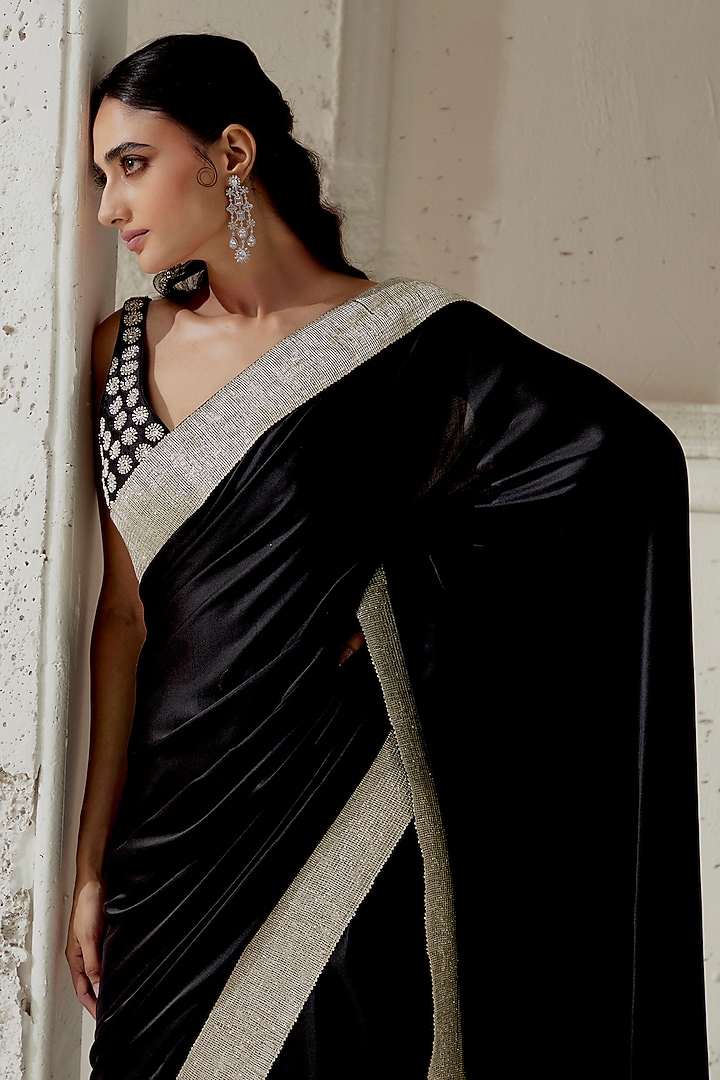 Black Silk Satin Woven Wedding Saree Set by Ranian at Pernia's Pop Up Shop