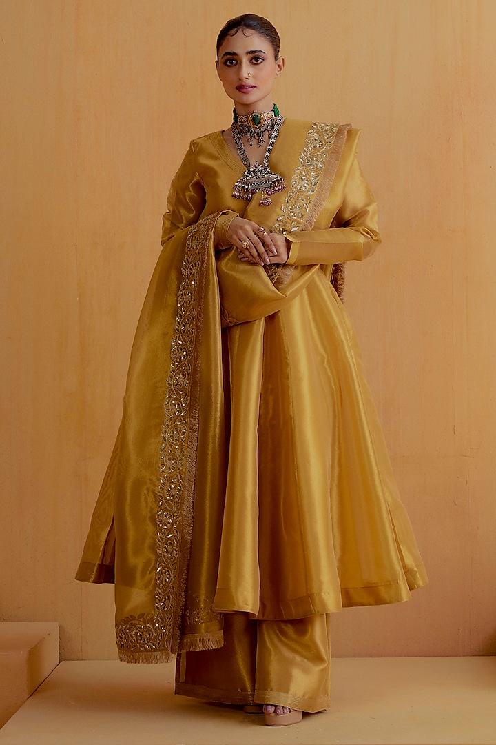 Antique Gold Tissue Silk Kalidar Kurta Set by Ranian at Pernia's Pop Up Shop