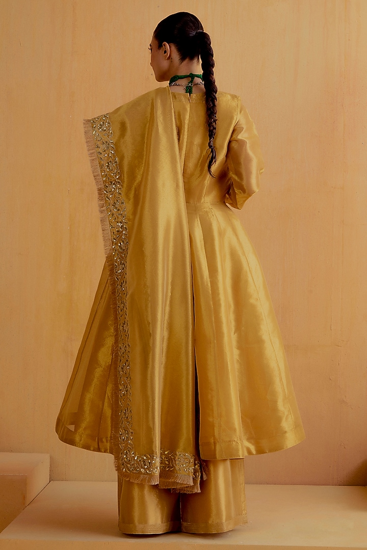 Antique Gold Tissue Silk Kalidar Kurta Set by Ranian at Pernia's Pop Up Shop