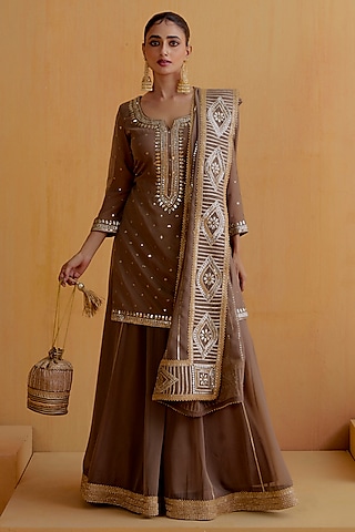 Mushroom Georgette Gota-Patti Kurta Set by Ranian