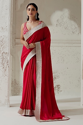 Red Silk Satin Woven Saree Set by Ranian
