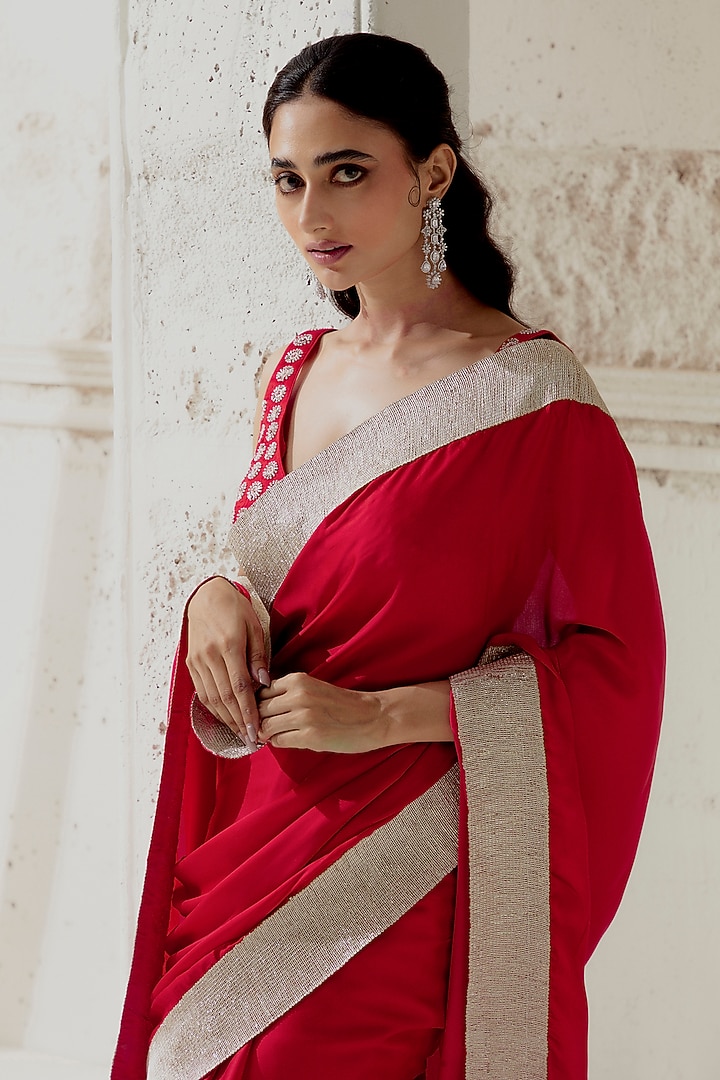 Red Silk Satin Woven Wedding Saree Set by Ranian at Pernia's Pop Up Shop