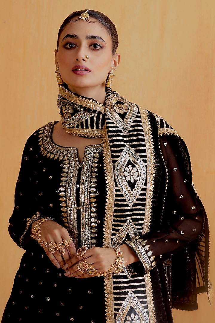 Black Georgette Gota-Patti Kurta Set by Ranian at Pernia's Pop Up Shop