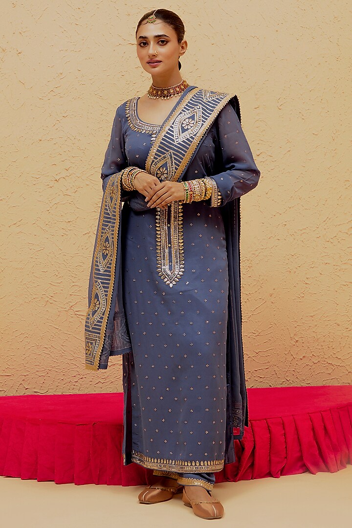 Cobalt Blue Georgette Gota-Patti Kalidar Kurta Set by Ranian at Pernia's Pop Up Shop