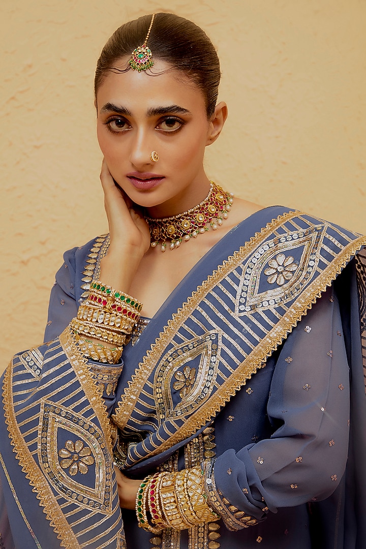 Cobalt Blue Georgette Gota-Patti Kalidar Kurta Set by Ranian at Pernia's Pop Up Shop