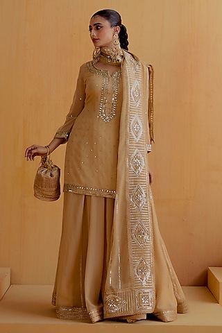 Gold & Beige Georgette Gota-Patti Kurta Set by Ranian