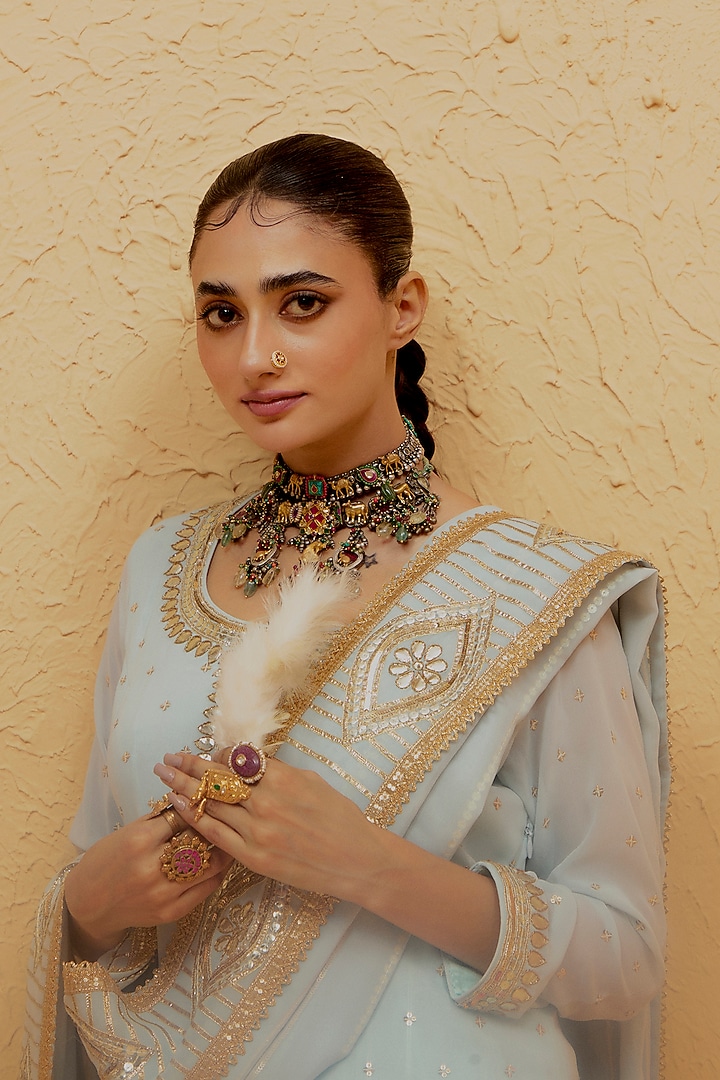 Powder Blue Georgette Gota-Patti Kurta Set by Ranian at Pernia's Pop Up Shop