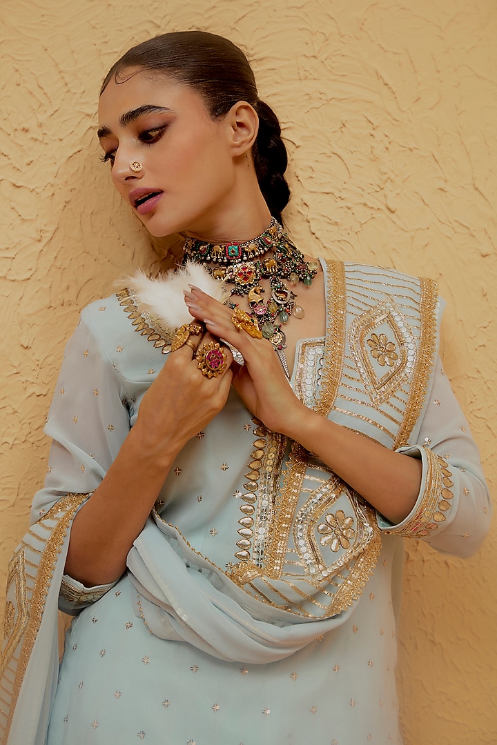 Powder Blue Georgette Gota-Patti Kurta Set by Ranian at Pernia's Pop Up Shop