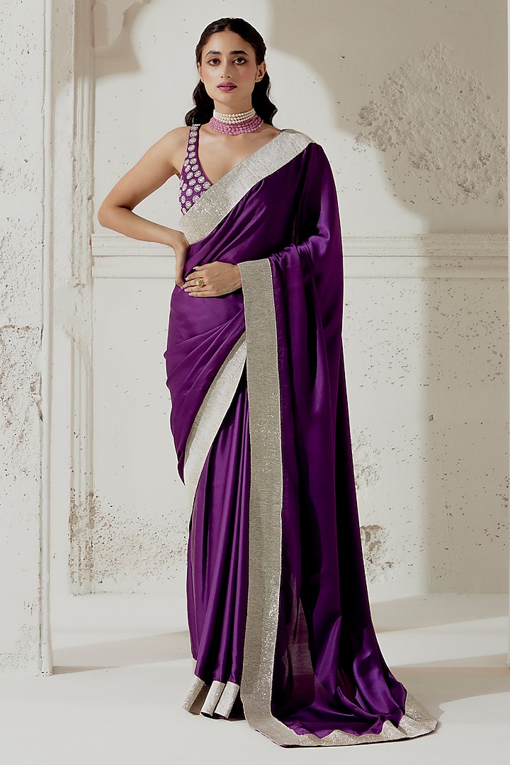 Purple Silk Satin Woven Saree Set by Ranian at Pernia's Pop Up Shop