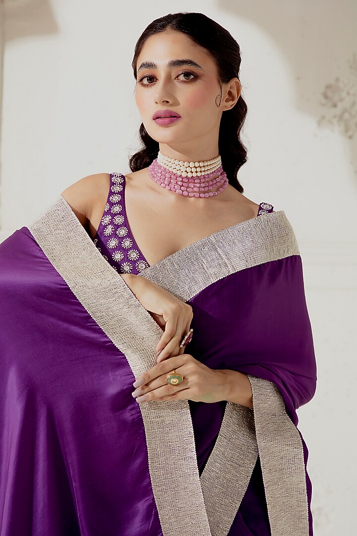 Purple Silk Satin Woven Wedding Saree Set by Ranian at Pernia's Pop Up Shop
