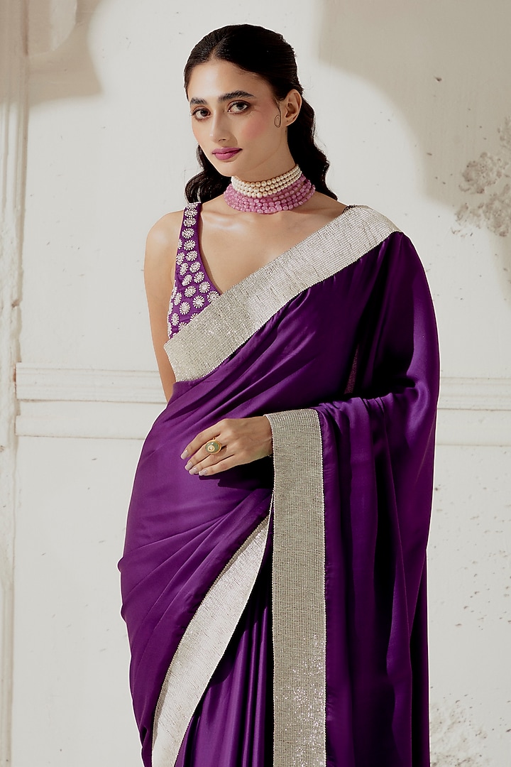 Purple Silk Satin Woven Wedding Saree Set by Ranian at Pernia's Pop Up Shop