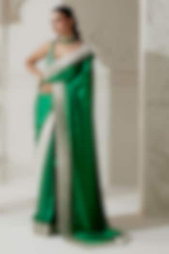 Green Silk Satin Woven Saree Set by Ranian