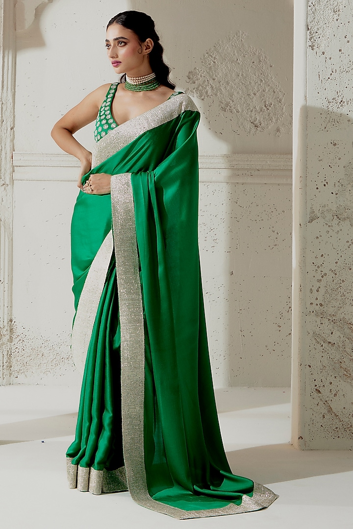 Green Silk Satin Woven Saree Set by Ranian