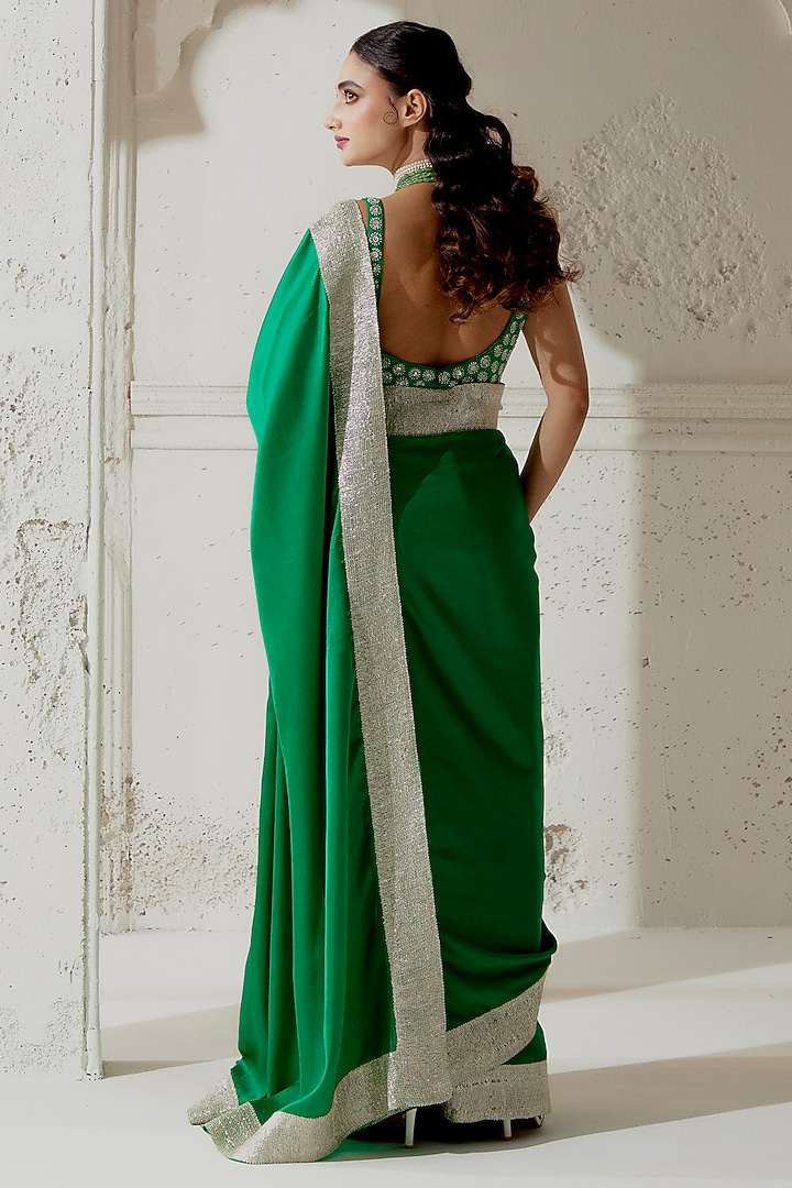 Green Silk Satin Woven Wedding Saree Set by Ranian at Pernia's Pop Up Shop
