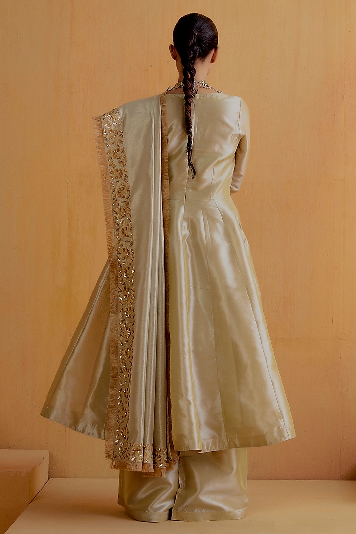 Antique Silver Tissue Silk Kalidar Kurta Set by Ranian at Pernia's Pop Up Shop