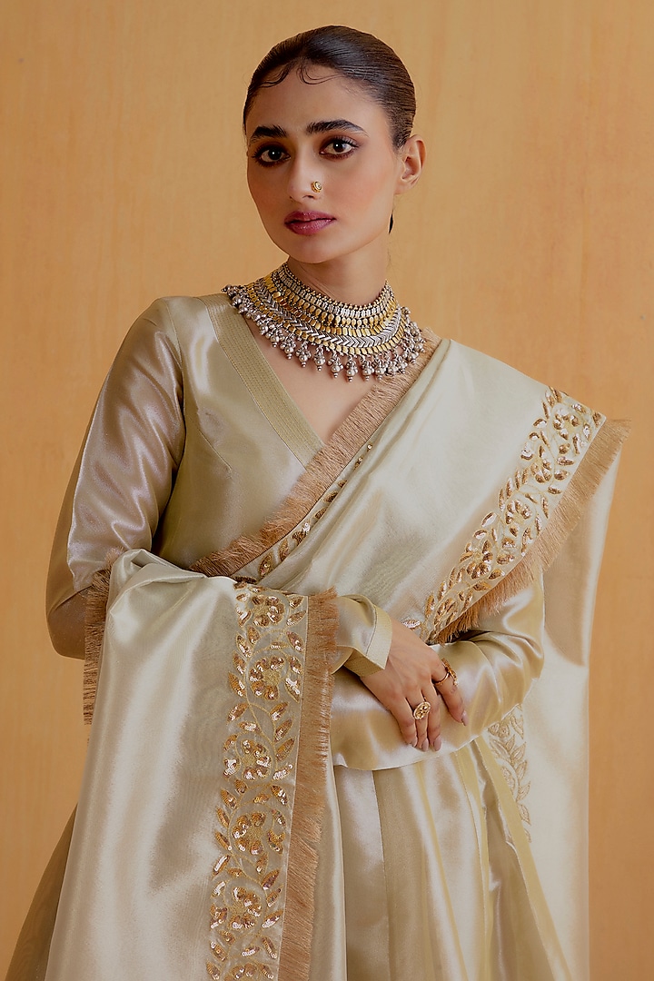 Antique Silver Tissue Silk Kalidar Kurta Set by Ranian at Pernia's Pop Up Shop