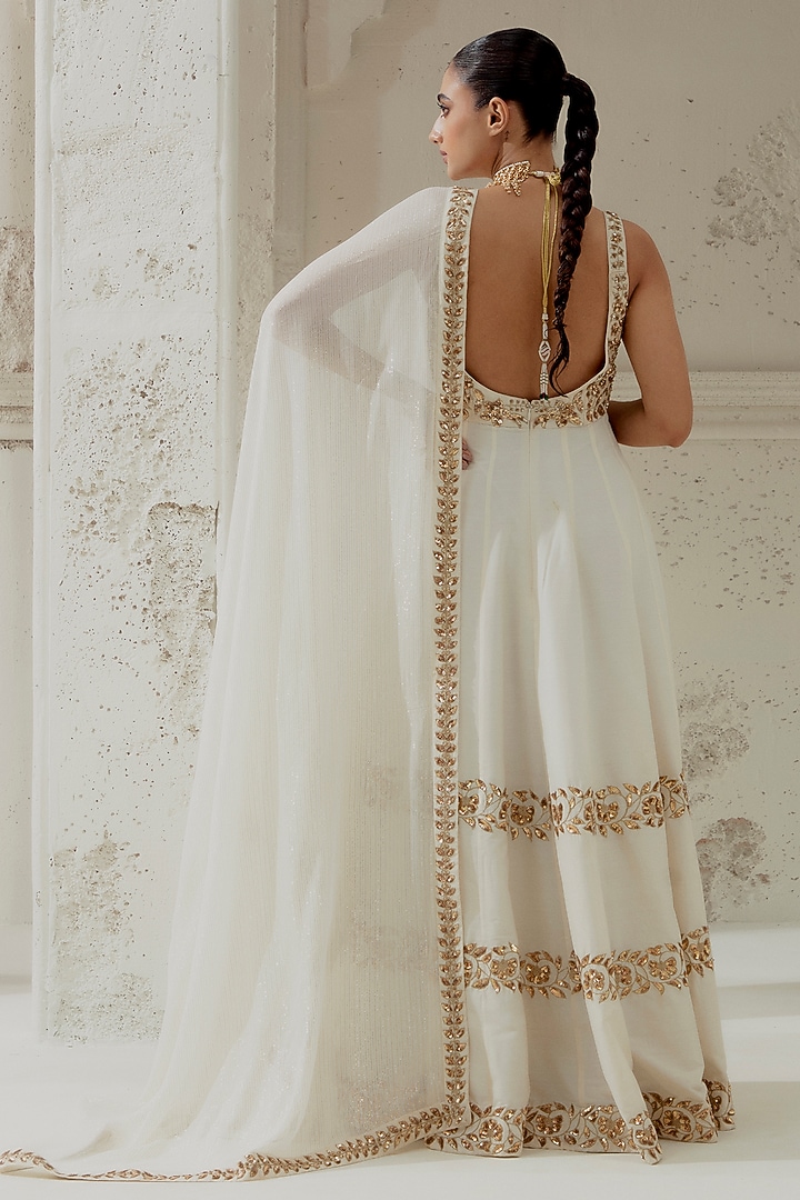 Ivory Blended Silk Zardosi Embroidered Wedding Anarkali Set by Ranian at Pernia's Pop Up Shop