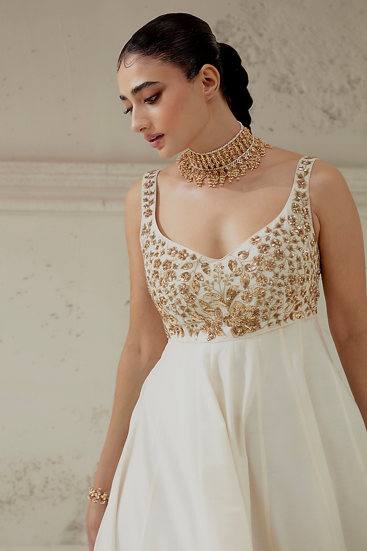Ivory Blended Silk Zardosi Embroidered Wedding Anarkali Set by Ranian at Pernia's Pop Up Shop