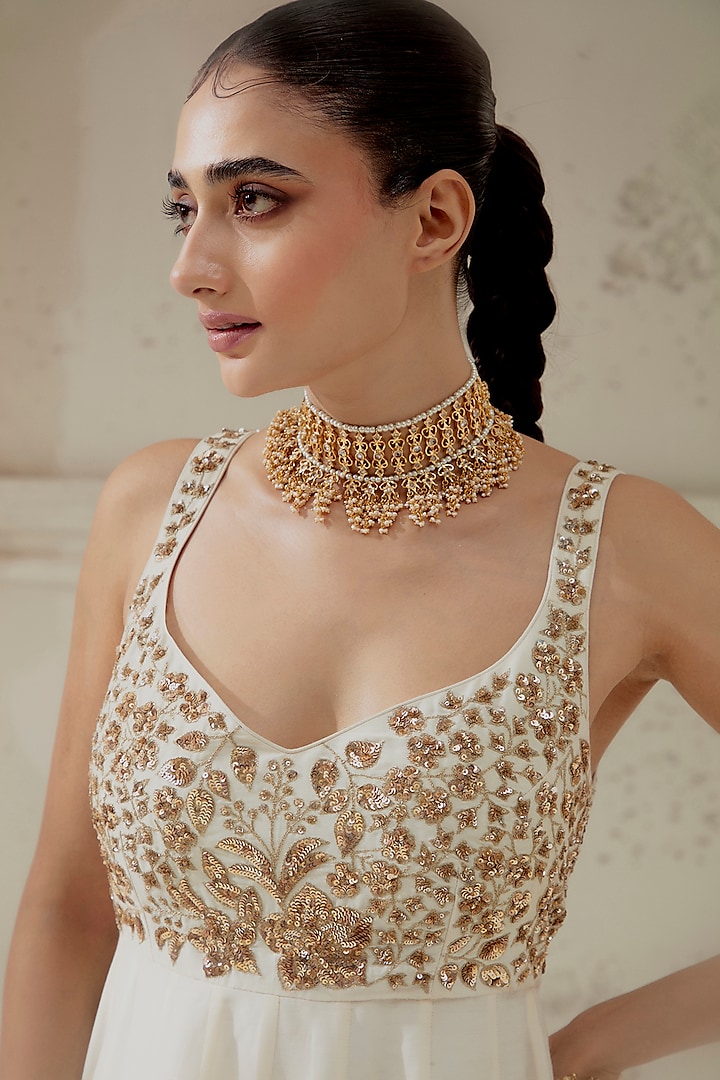 Ivory Blended Silk Zardosi Embroidered Wedding Anarkali Set by Ranian at Pernia's Pop Up Shop