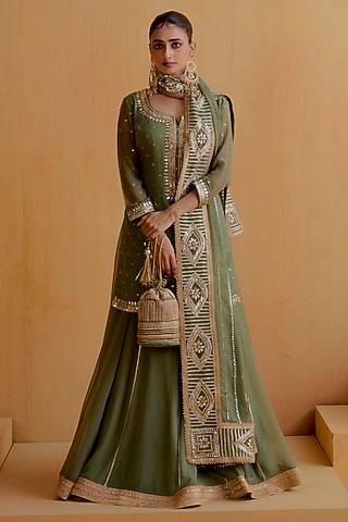 Olive Green Georgette Gota-Patti Kurta Set by Ranian