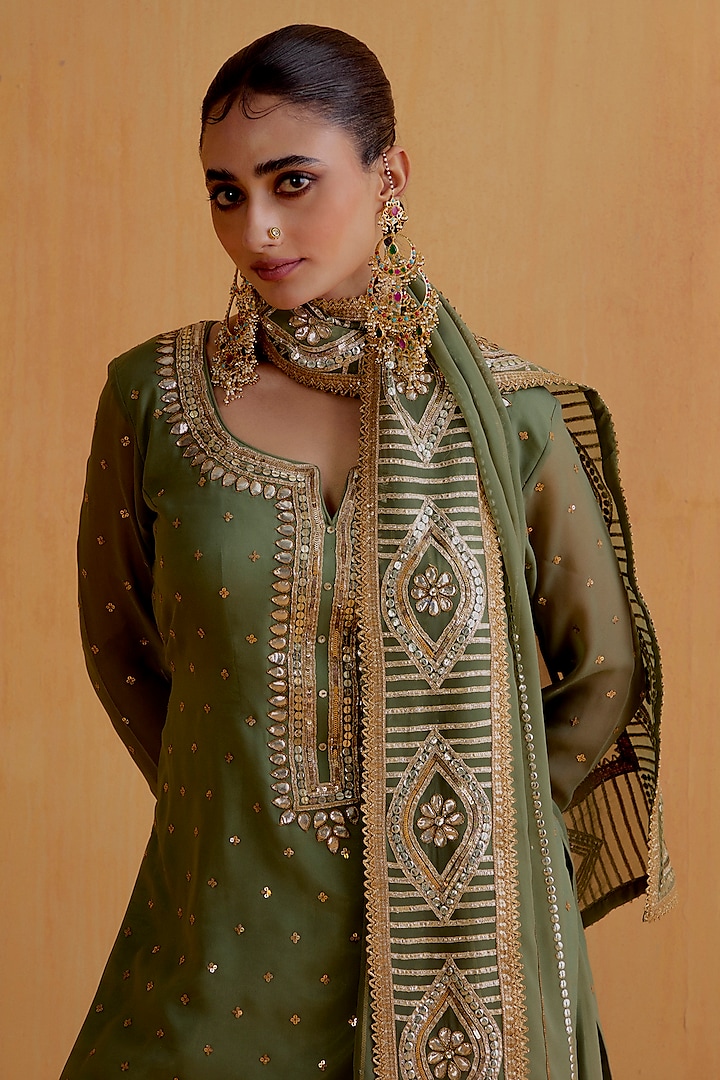 Olive Green Georgette Gota-Patti Kurta Set by Ranian at Pernia's Pop Up Shop