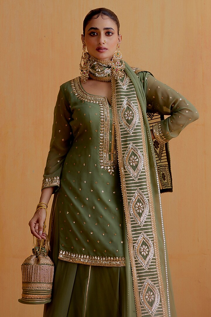Olive Green Georgette Gota-Patti Kurta Set by Ranian at Pernia's Pop Up Shop