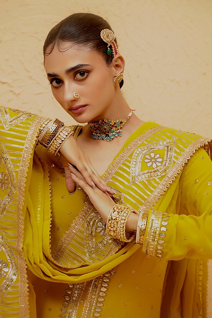 Citrine Yellow Georgette Gota-Patti Kalidar Kurta Set by Ranian at Pernia's Pop Up Shop