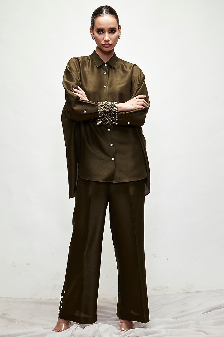 Army Green Silk Blend Co-Ord Set by Ranian at Pernia's Pop Up Shop