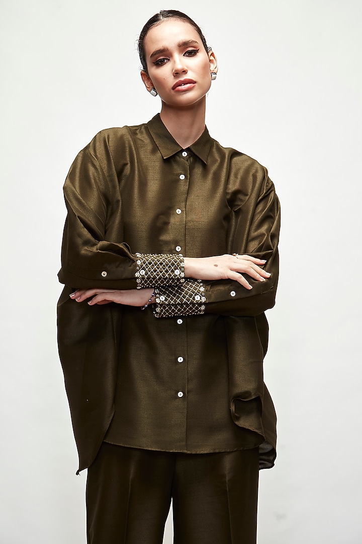 Army Green Silk Blend Co-Ord Set by Ranian at Pernia's Pop Up Shop