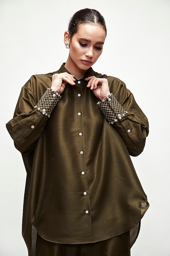 Army Green Silk Blend Co-Ord Set by Ranian at Pernia's Pop Up Shop