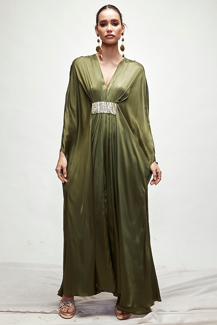 Olive Green Silk Beads Embroidered Kaftan by Ranian