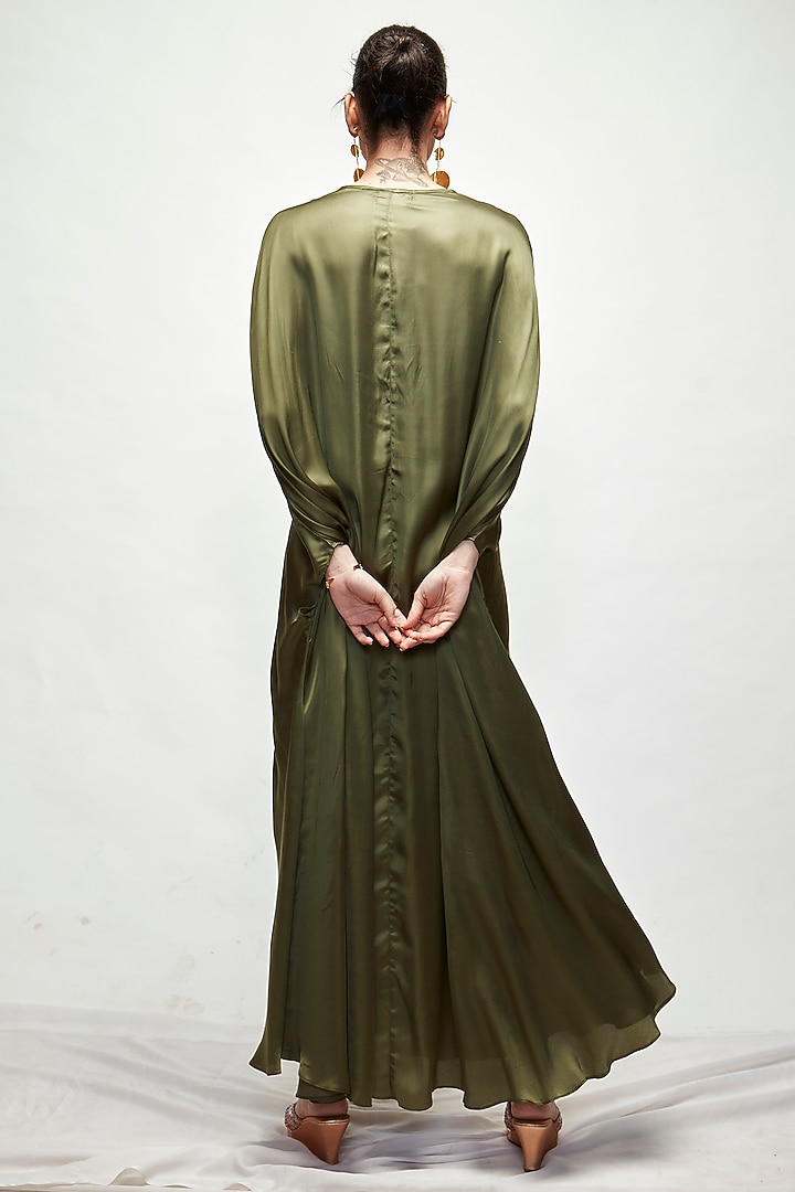 Olive Green Silk Beads Embroidered Kaftan by Ranian at Pernia's Pop Up Shop