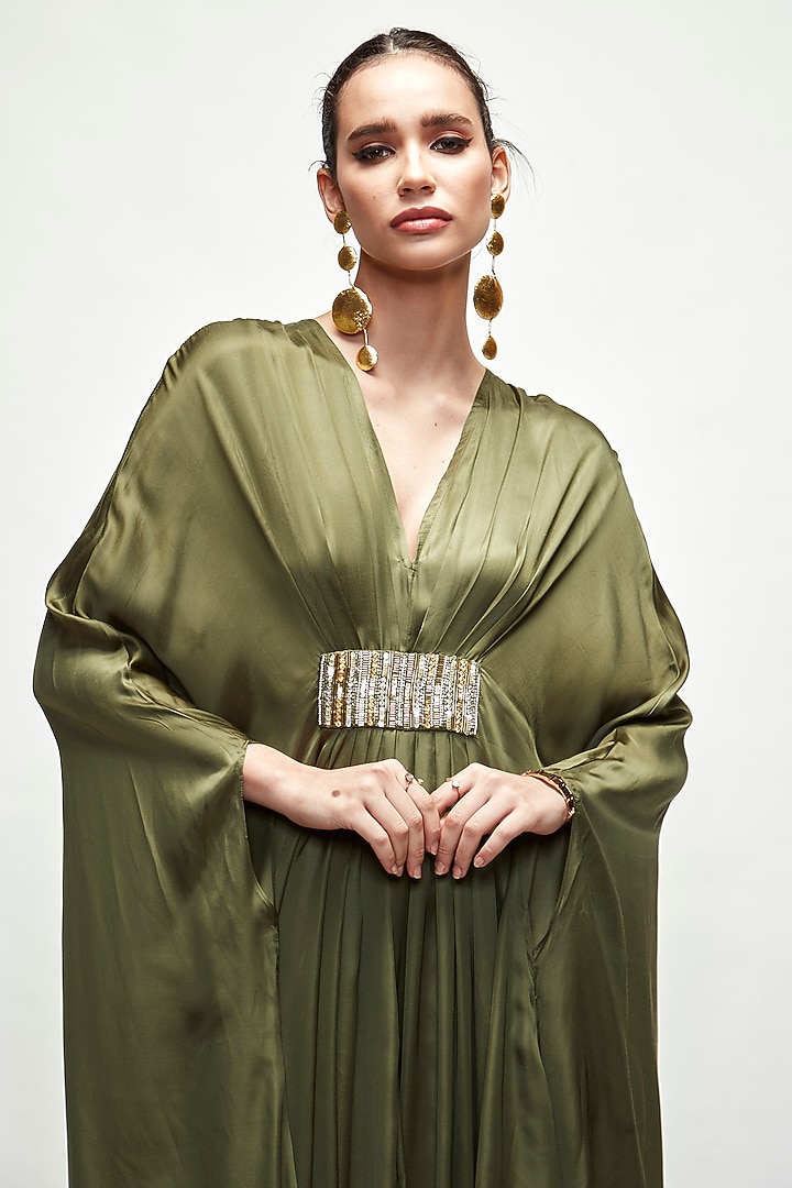 Olive Green Silk Beads Embroidered Kaftan by Ranian at Pernia's Pop Up Shop
