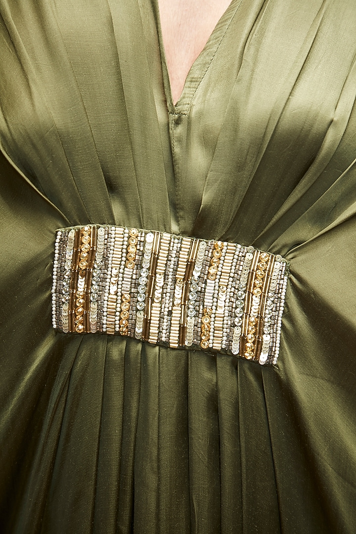 Olive Green Silk Beads Embroidered Kaftan by Ranian at Pernia's Pop Up Shop