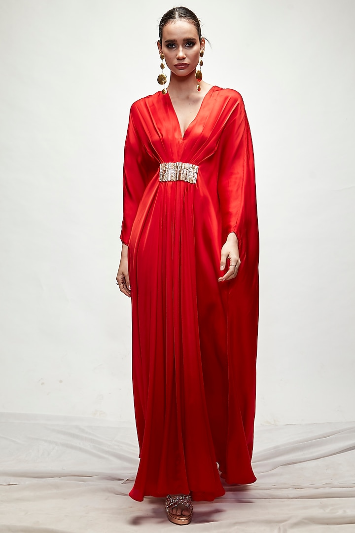 Red Silk Beads Embroidered Kaftan by Ranian