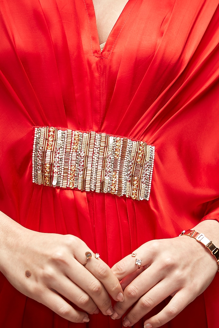 Red Silk Beads Embroidered Kaftan by Ranian at Pernia's Pop Up Shop