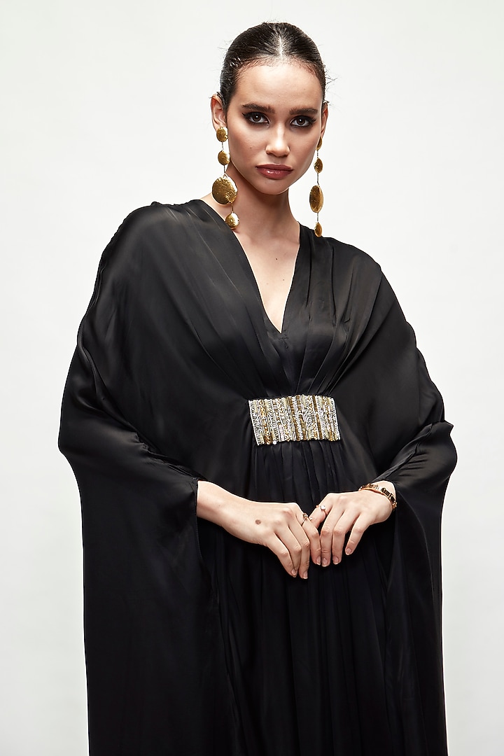 Black Silk Beads Embroidered Kaftan by Ranian at Pernia's Pop Up Shop