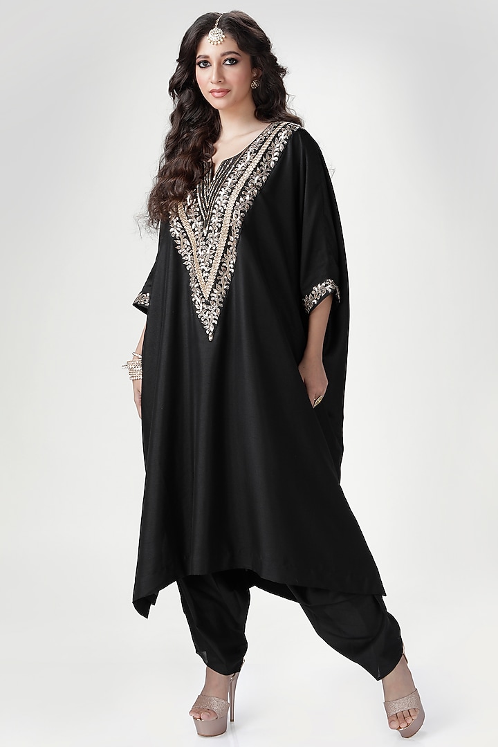Black Blended Silk Kaftan Set by Ranian at Pernia's Pop Up Shop