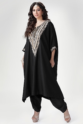 Black Blended Silk Kaftan Set by Ranian