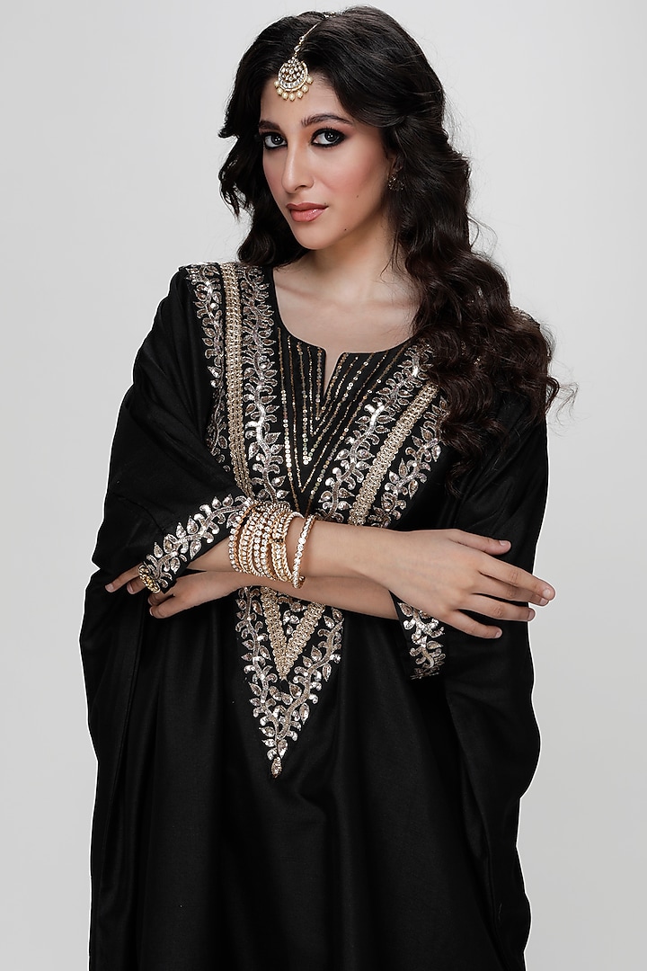 Black Blended Silk Kaftan Set by Ranian at Pernia's Pop Up Shop