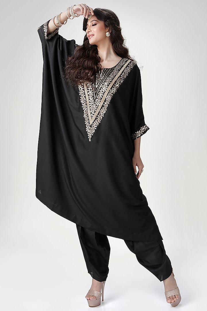 Black Blended Silk Kaftan Set by Ranian at Pernia's Pop Up Shop