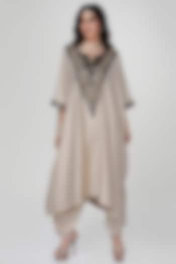 Almond Wrinkled Silk Kaftan Set by Ranian at Pernia's Pop Up Shop